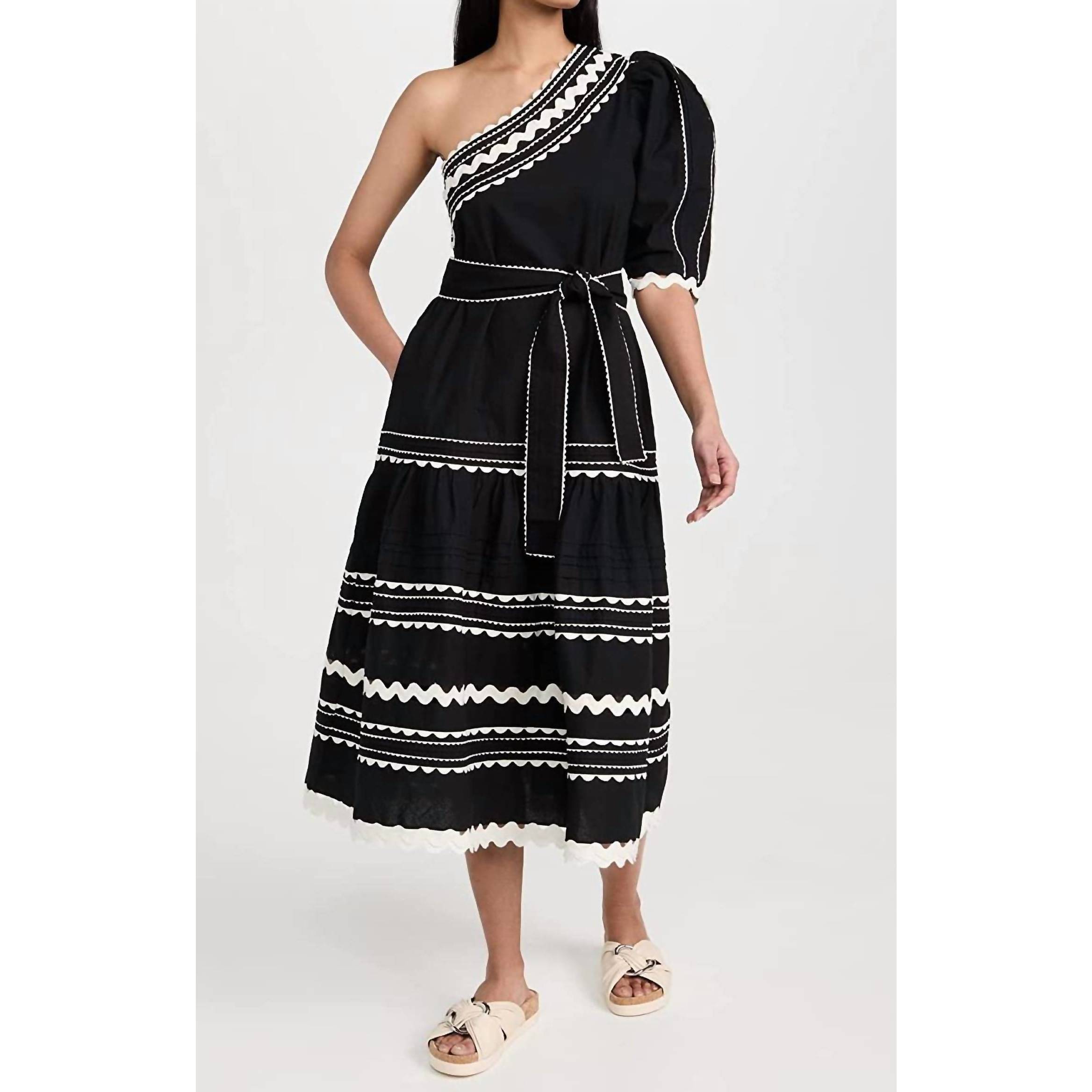 New Sea Ryleigh Rickrack One Shoulder Midi Dress In Black